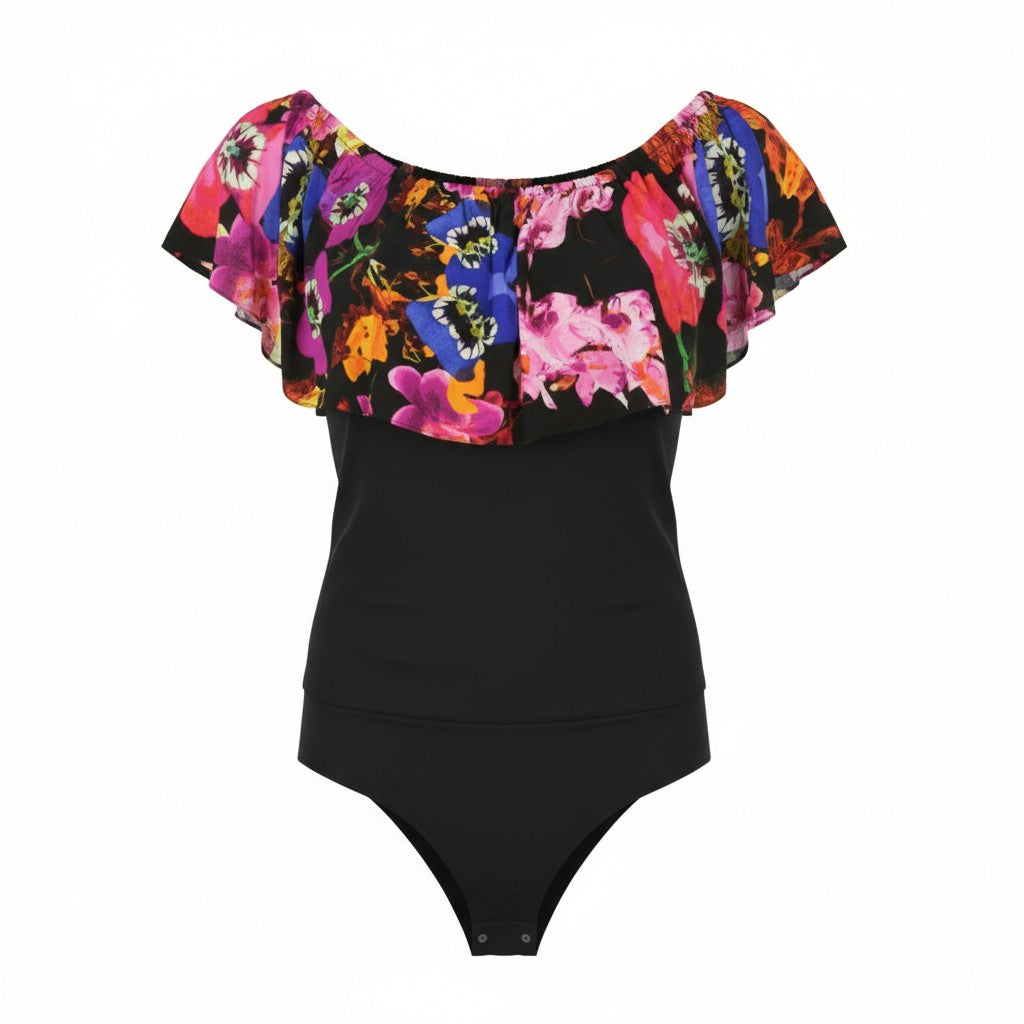 DESIGUAL Body Flower Women Bodysuit M Black Slim Fit Off-Shoulders Frill