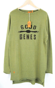 GOOD GENES Men Jumper XL Knitted Logo Crew Neck Casual Long Sweater Ivy Green