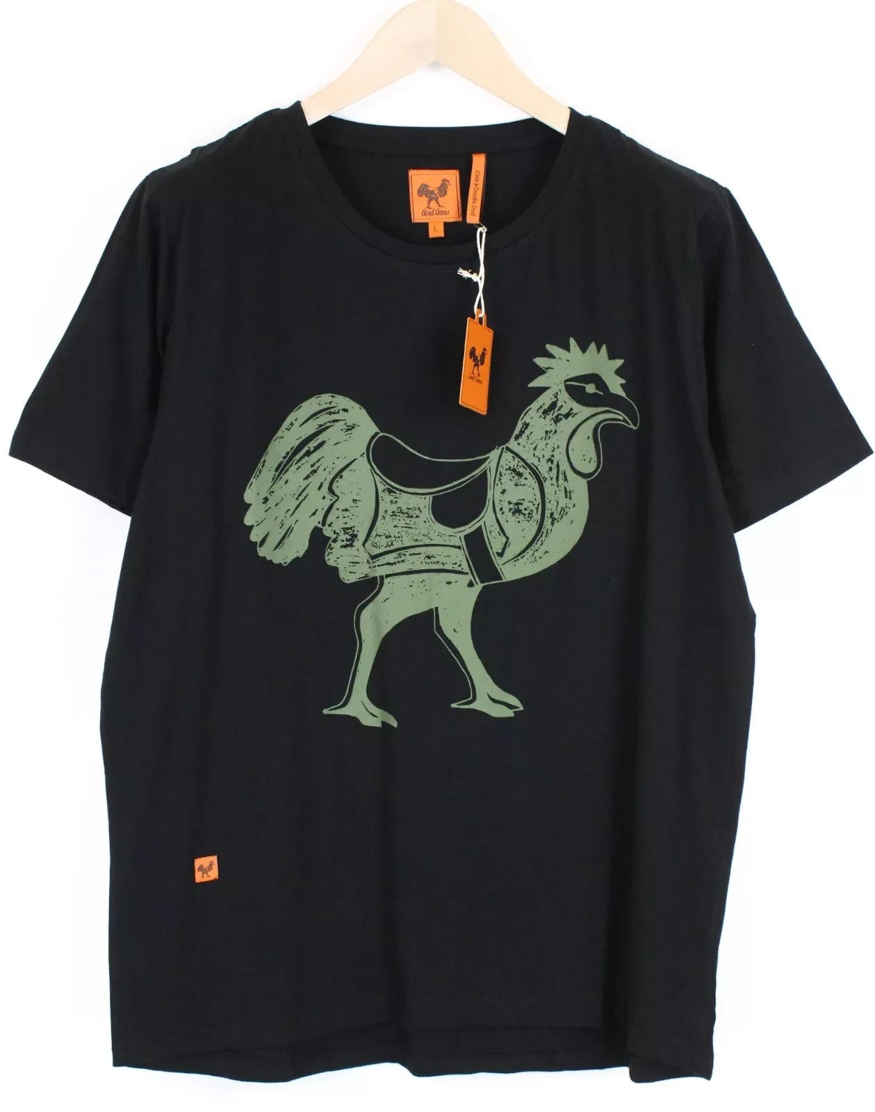 GOOD GENES Men T-Shirt L Printed Rooster Logo Black Crew Neck Pure Cotton Casual