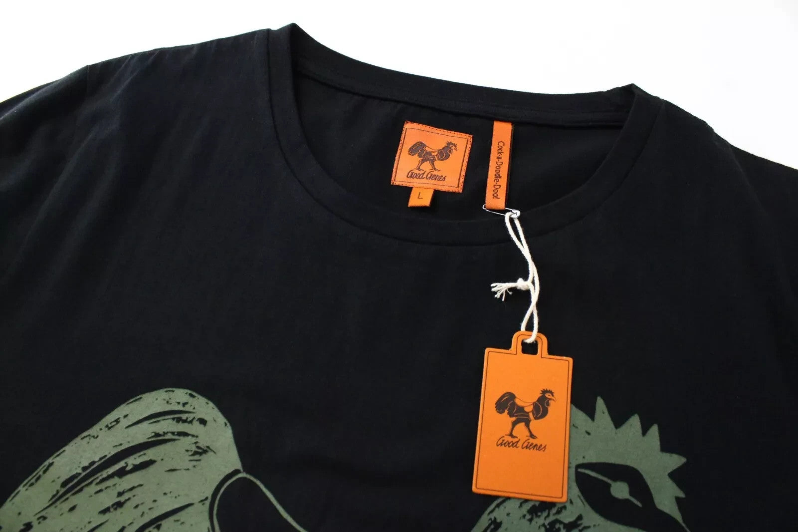 GOOD GENES Men T-Shirt L Printed Rooster Logo Black Crew Neck Pure Cotton Casual