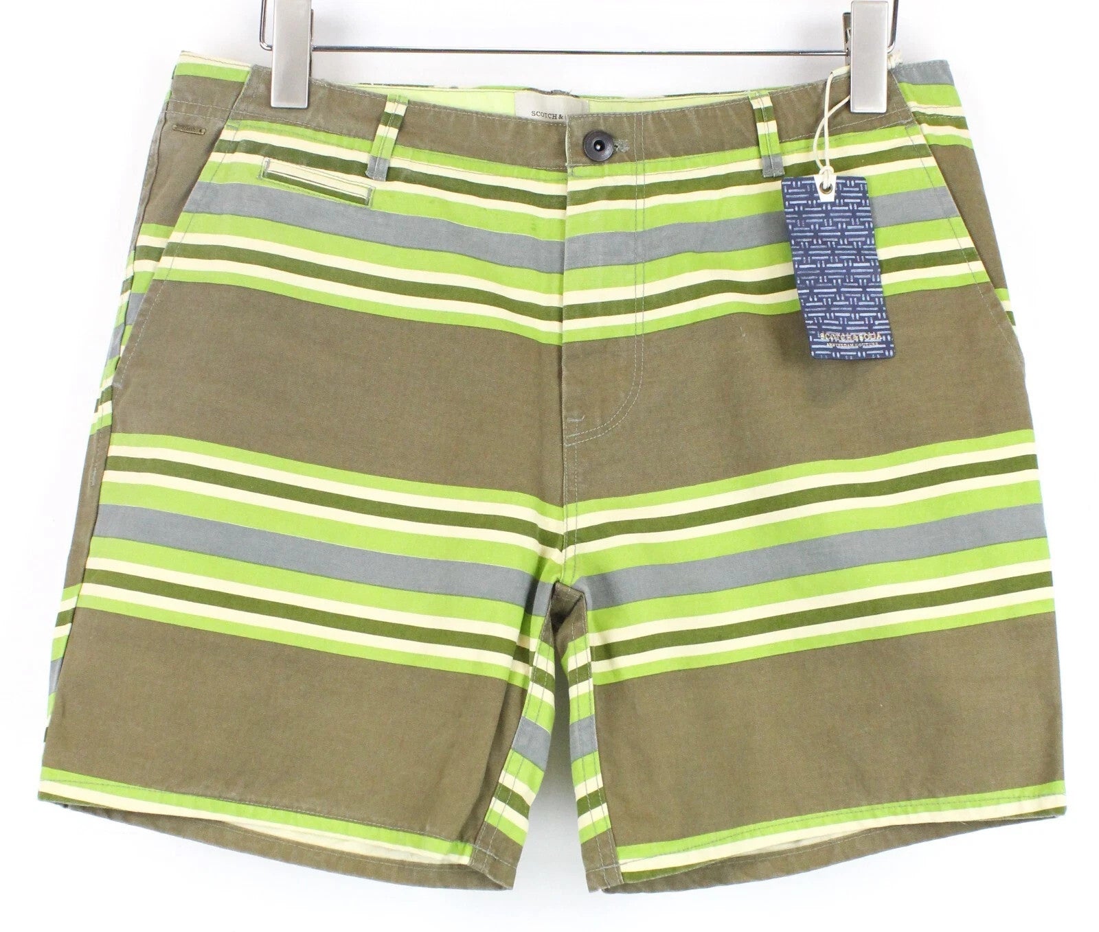 SCOTCH & SODA Men Shorts W32 Chino Style Casual Cotton Green Striped Pattern C