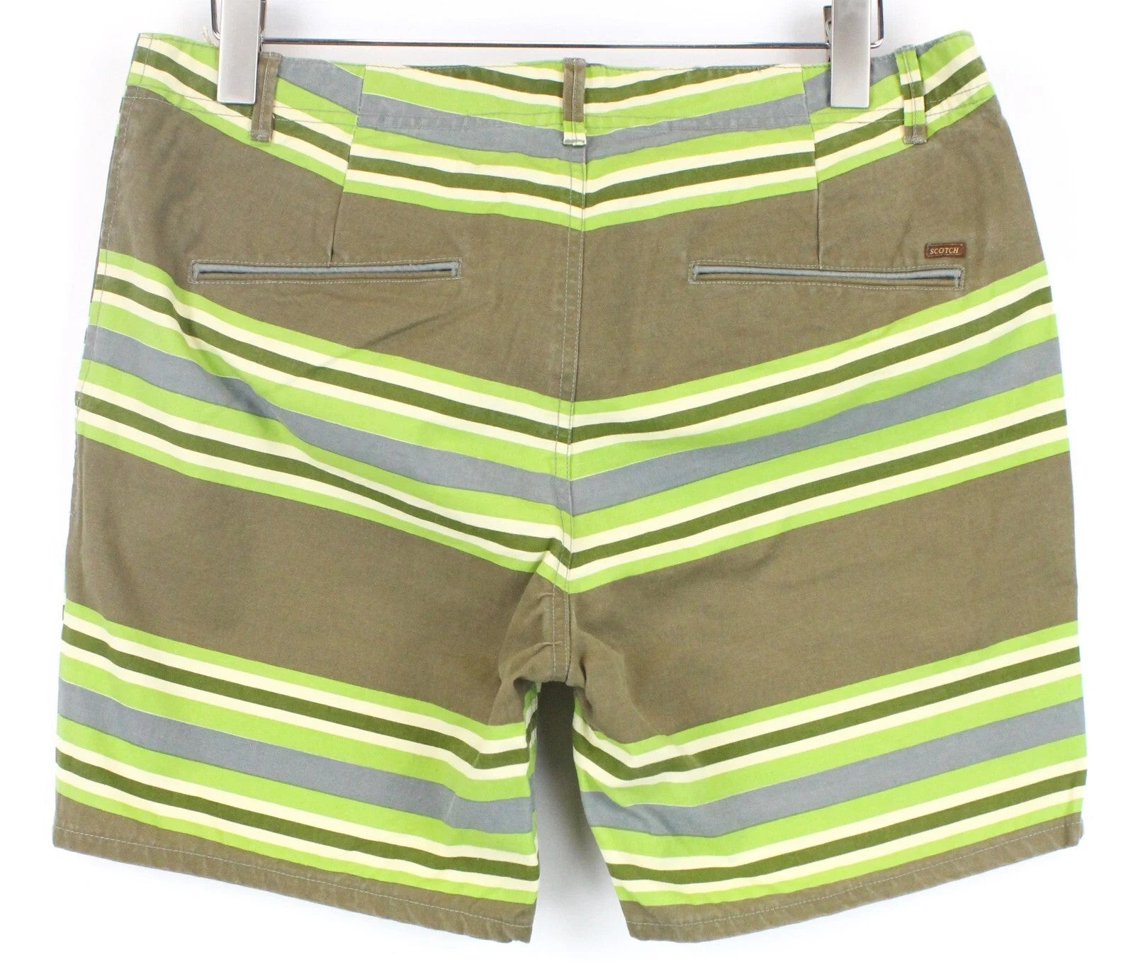 SCOTCH & SODA Men Shorts W32 Chino Style Casual Cotton Green Striped Pattern C