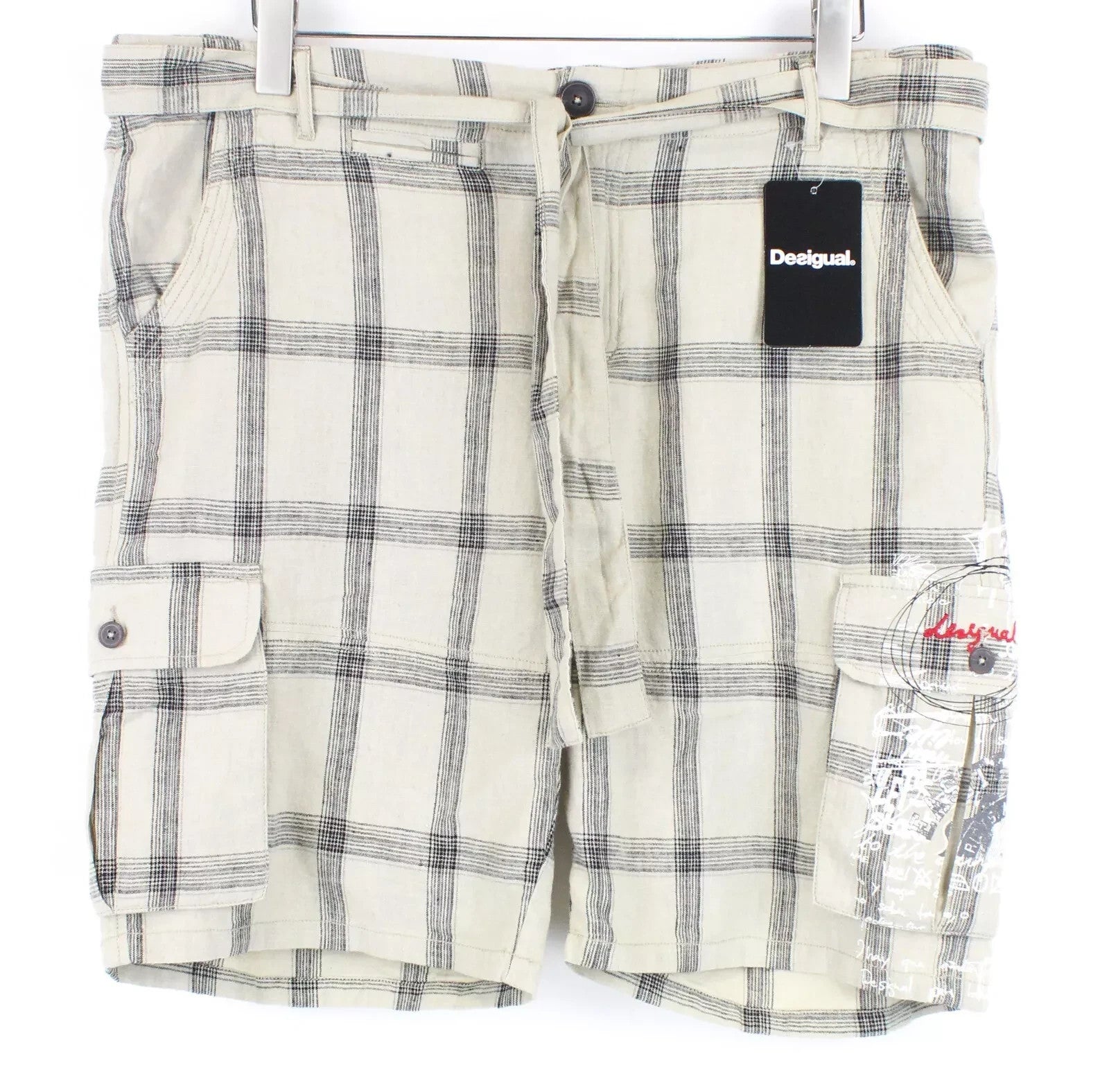 DESIGUAL Pant Marc Men Shorts 36 Cargo Checked Pattern Belted Front Tie Linen
