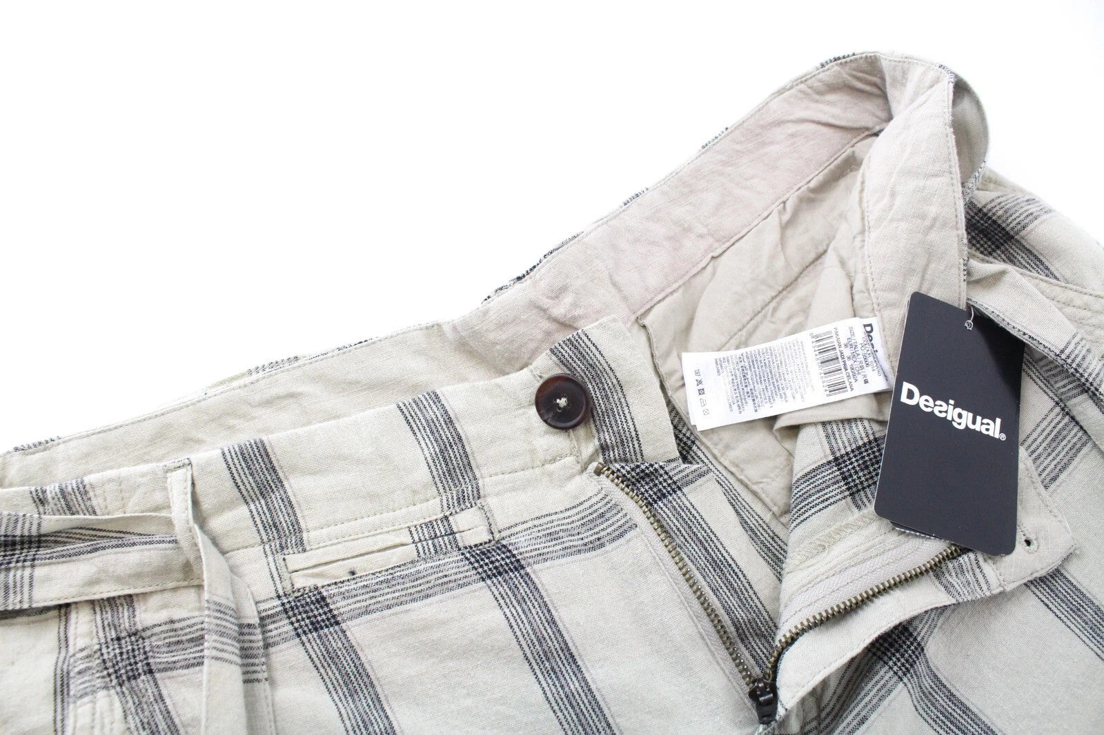 DESIGUAL Pant Marc Men Shorts 36 Cargo Checked Pattern Belted Front Tie Linen