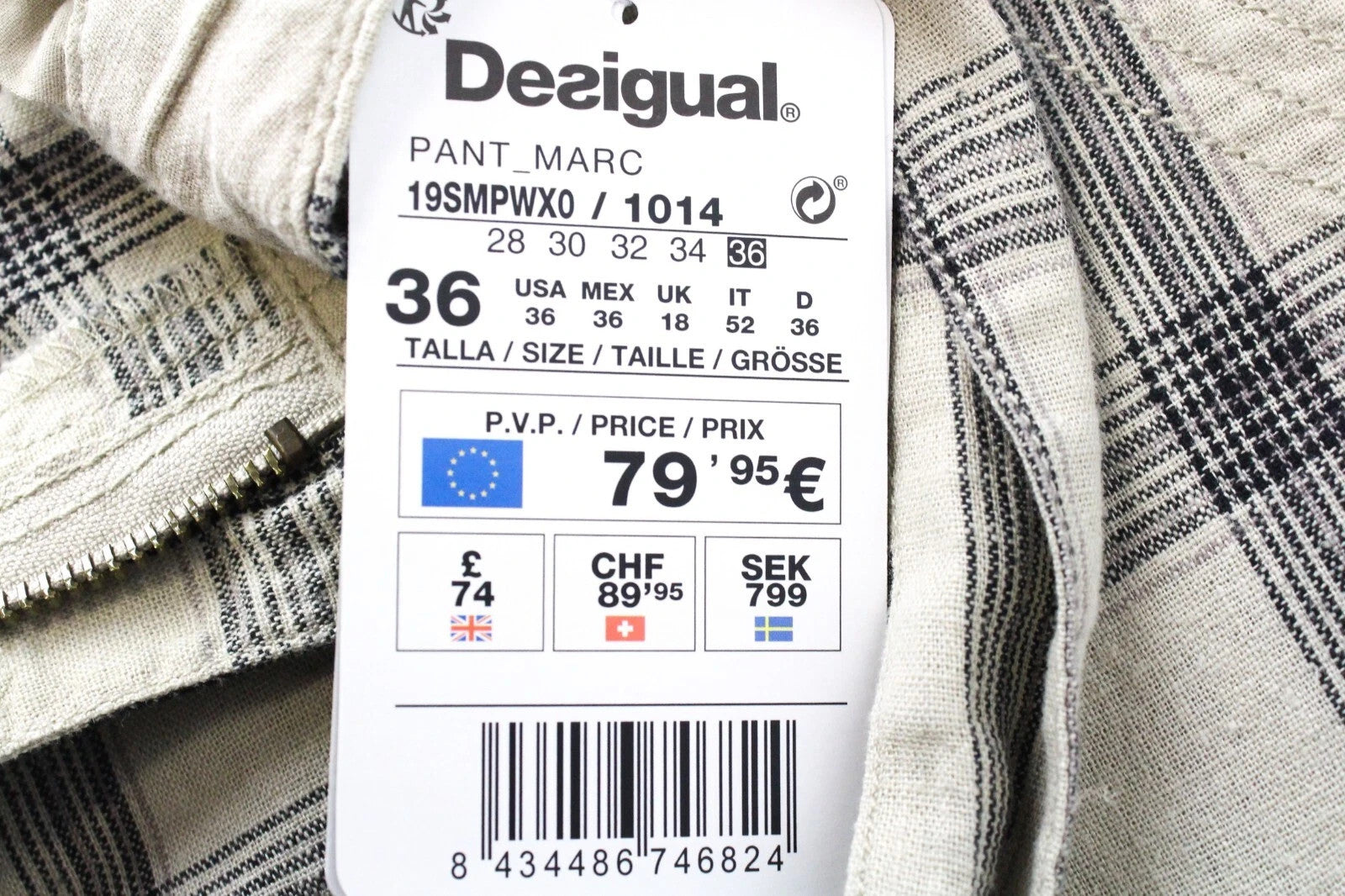 DESIGUAL Pant Marc Men Shorts 36 Cargo Checked Pattern Belted Front Tie Linen