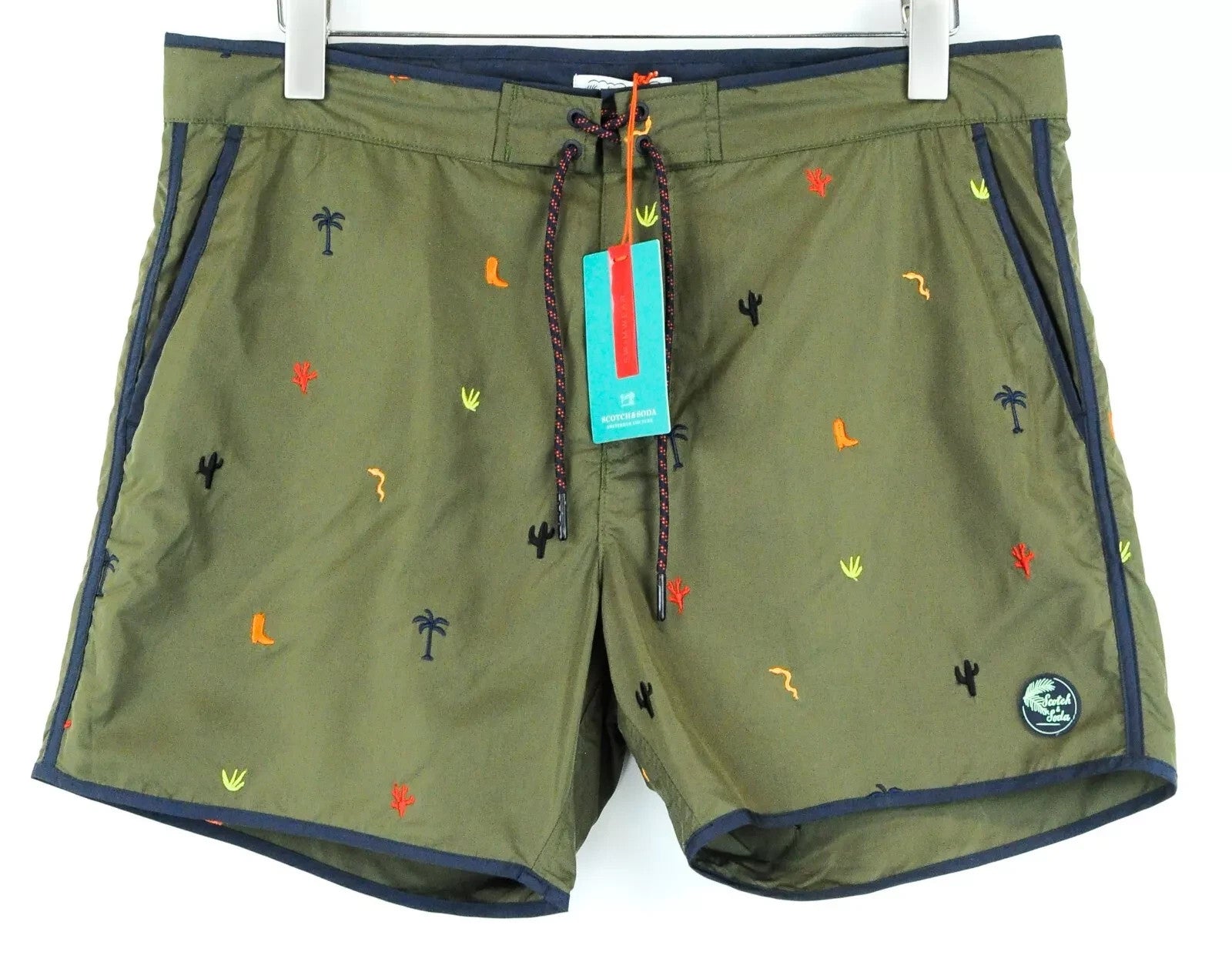 SCOTCH & SODA Ams Couture Men Swimwear ~W37 Green Embroidered Pull On Trunks