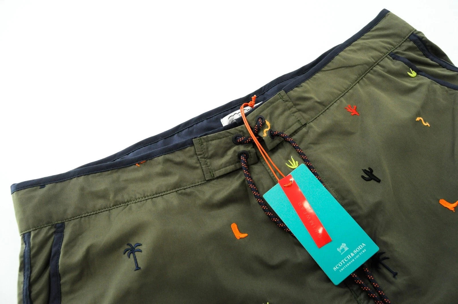 SCOTCH & SODA Ams Couture Men Swimwear ~W37 Green Embroidered Pull On Trunks
