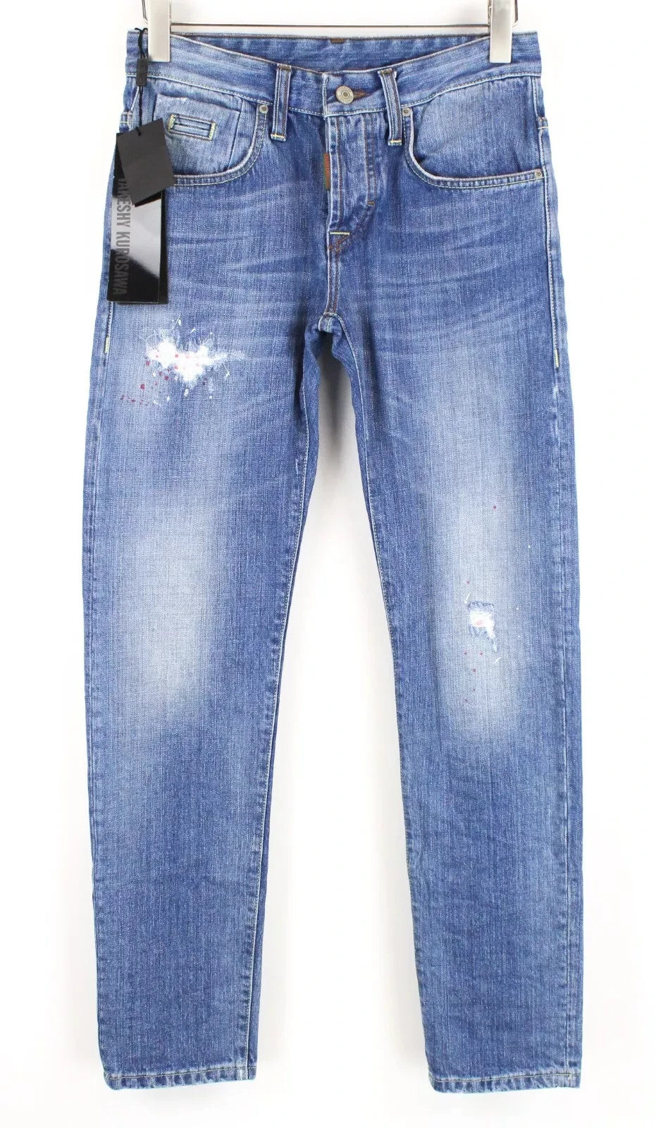 TAKESHY KUROSAWA Men Jeans W30 Distressed Painted Button-Fly Slim Denim Blue