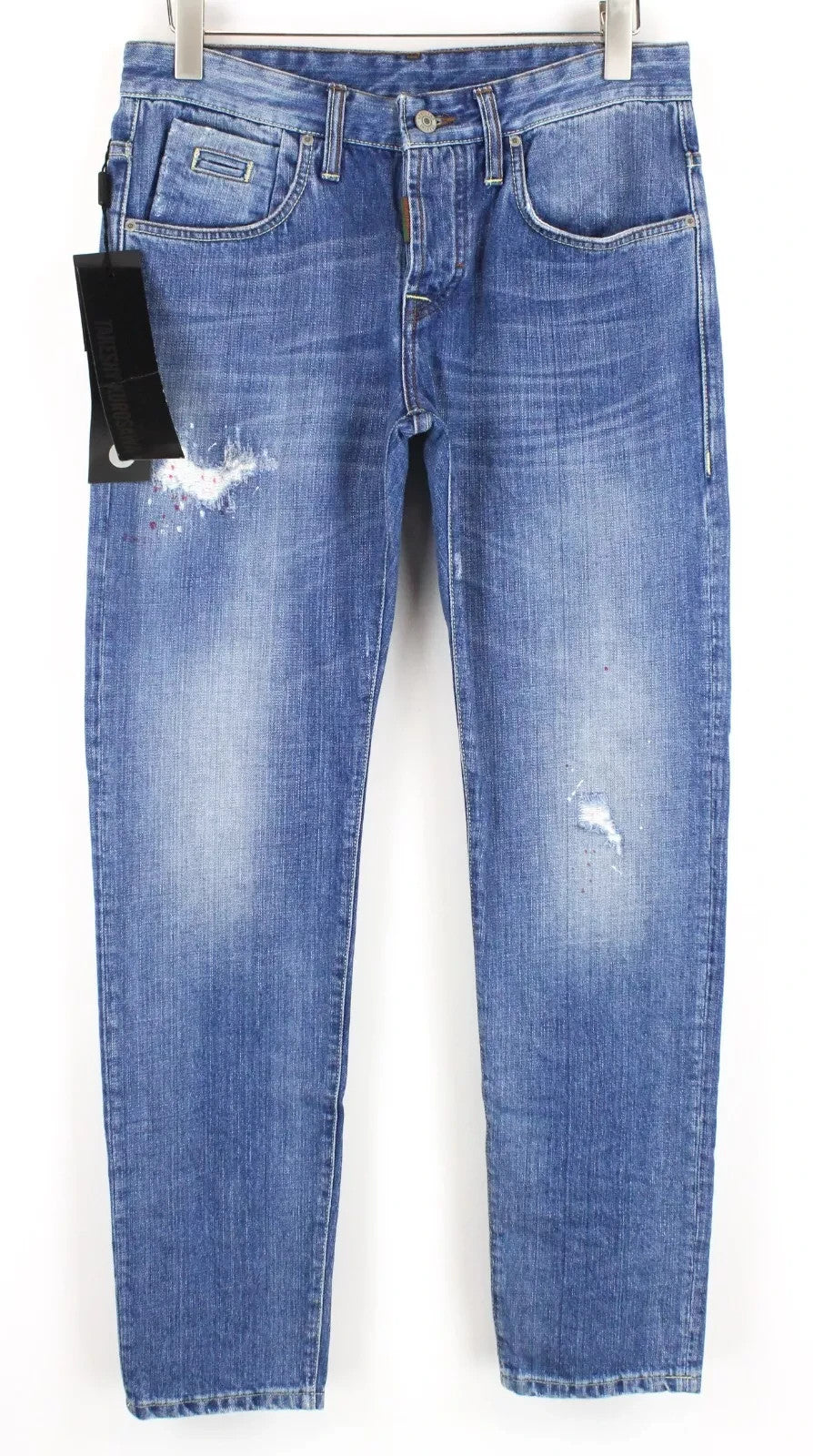 TAKESHY KUROSAWA Men Jeans W34 Button-Fly Slim Denim Blue Distressed Painted