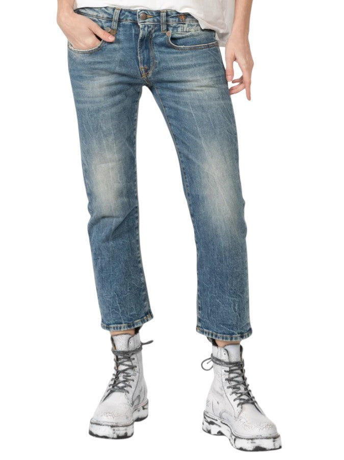 R13 Boy Straight Women Jeans 26 Kelly Stretch Cropped Faded Whiskers Blue PS26