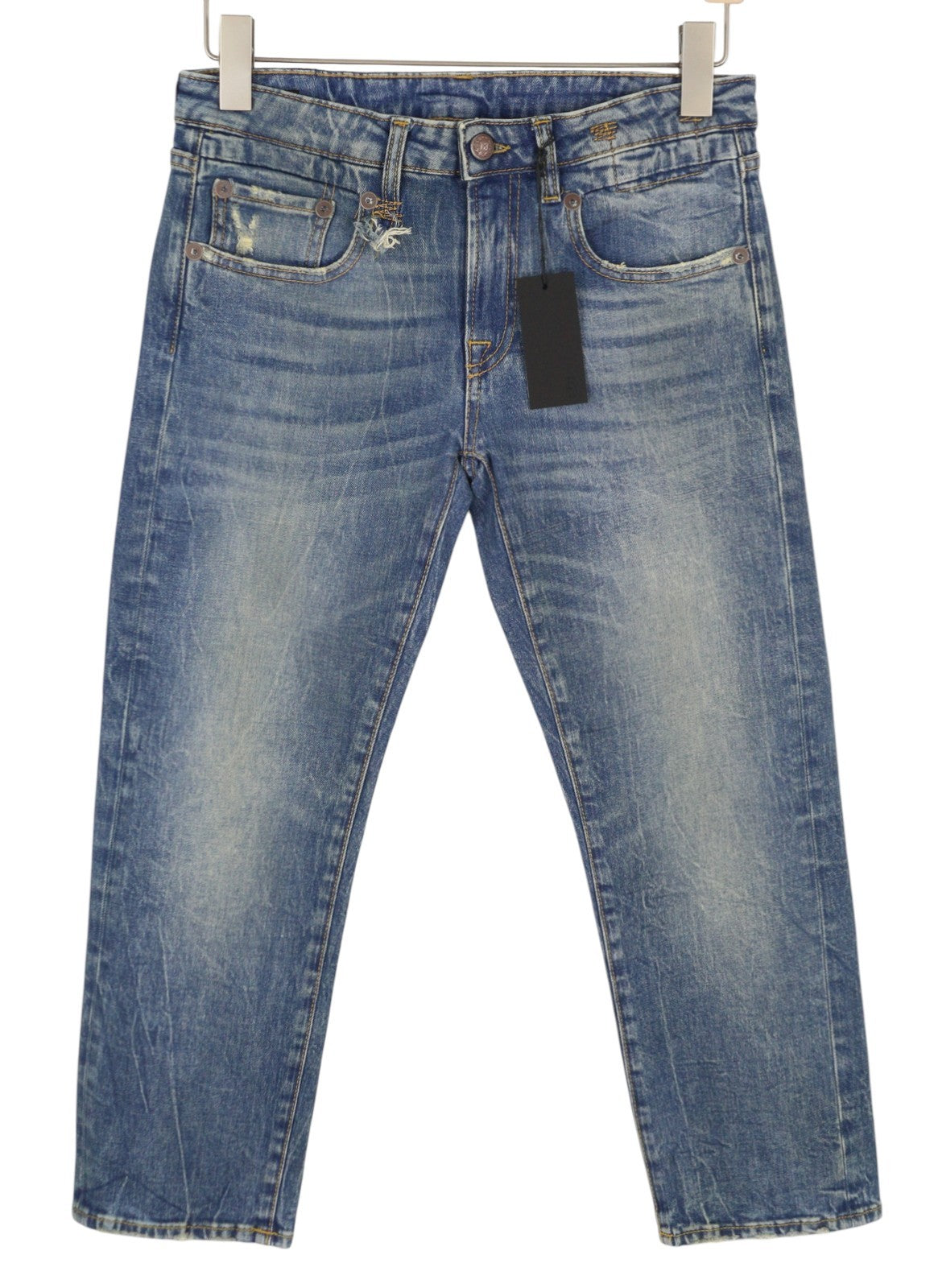 R13 Boy Straight Women Jeans 26 Kelly Stretch Cropped Faded Whiskers Blue PS26