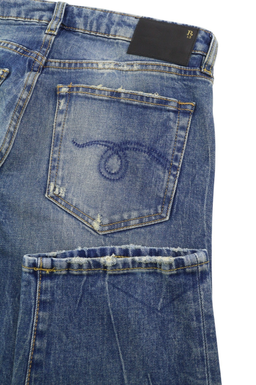 R13 Boy Straight Women Jeans 26 Kelly Stretch Cropped Faded Whiskers Blue PS26