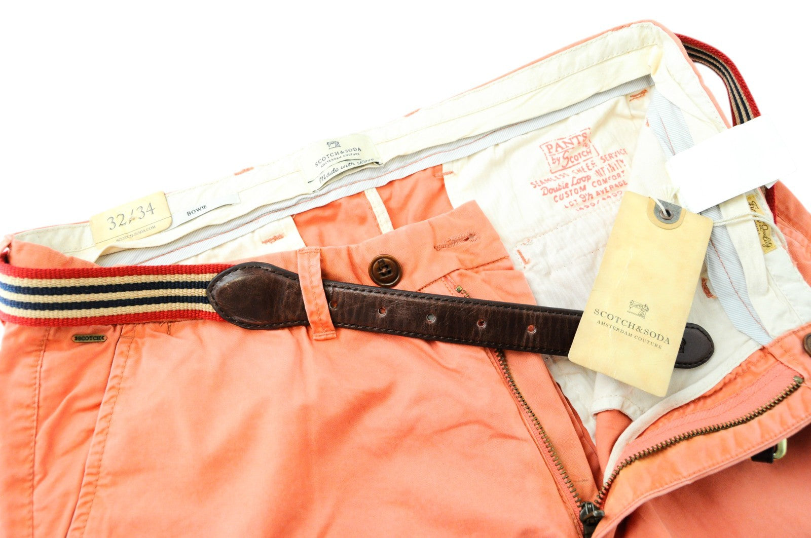 SCOTCH & SODA Bowie Men Trousers W32/L34 Slim Fit Orange Pure Cotton Belted