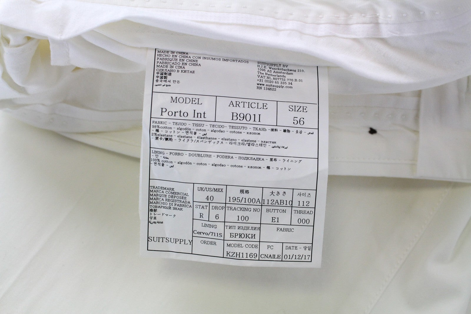 SUITSUPPLY Porto Men Trousers UK40R White Cotton Stretch Pleated Slit Pocket