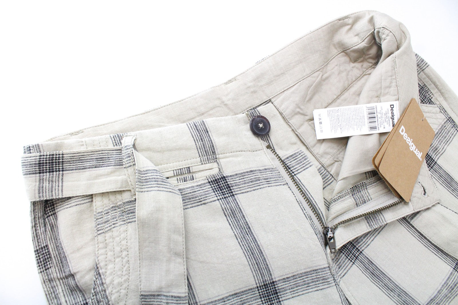 DESIGUAL Marc Men Shorts 28 Light Brown Linen Cotton Checked Multi Pocket Cargo