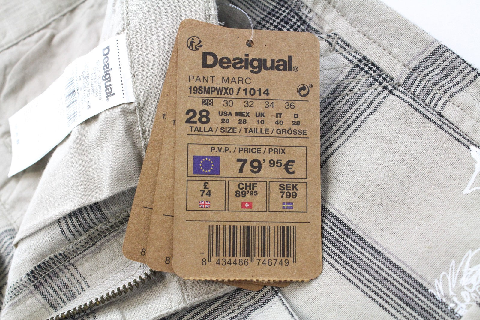 DESIGUAL Marc Men Shorts 28 Light Brown Linen Cotton Checked Multi Pocket Cargo