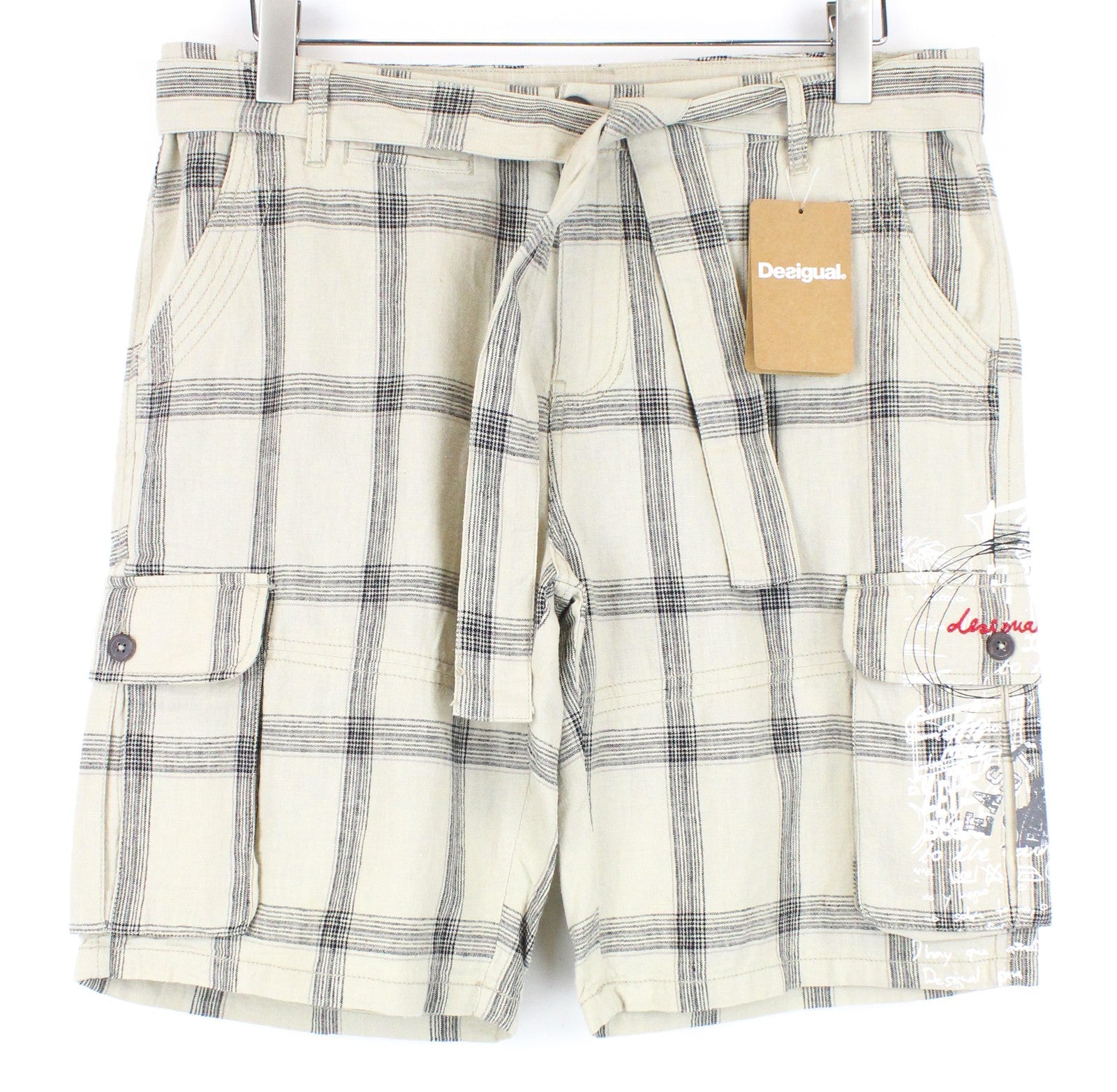 DESIGUAL Marc Men Shorts 32 Sand Brown Linen Cotton Checked Belted Logo Cargo