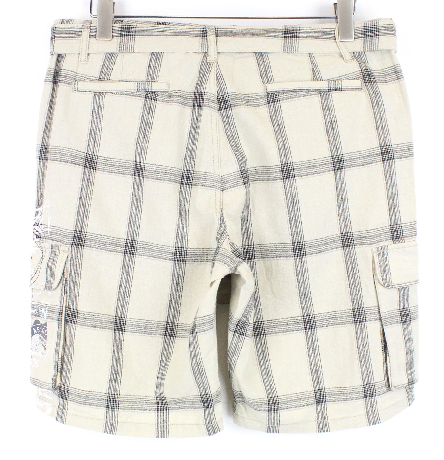 DESIGUAL Marc Men Shorts 32 Sand Brown Linen Cotton Checked Belted Logo Cargo