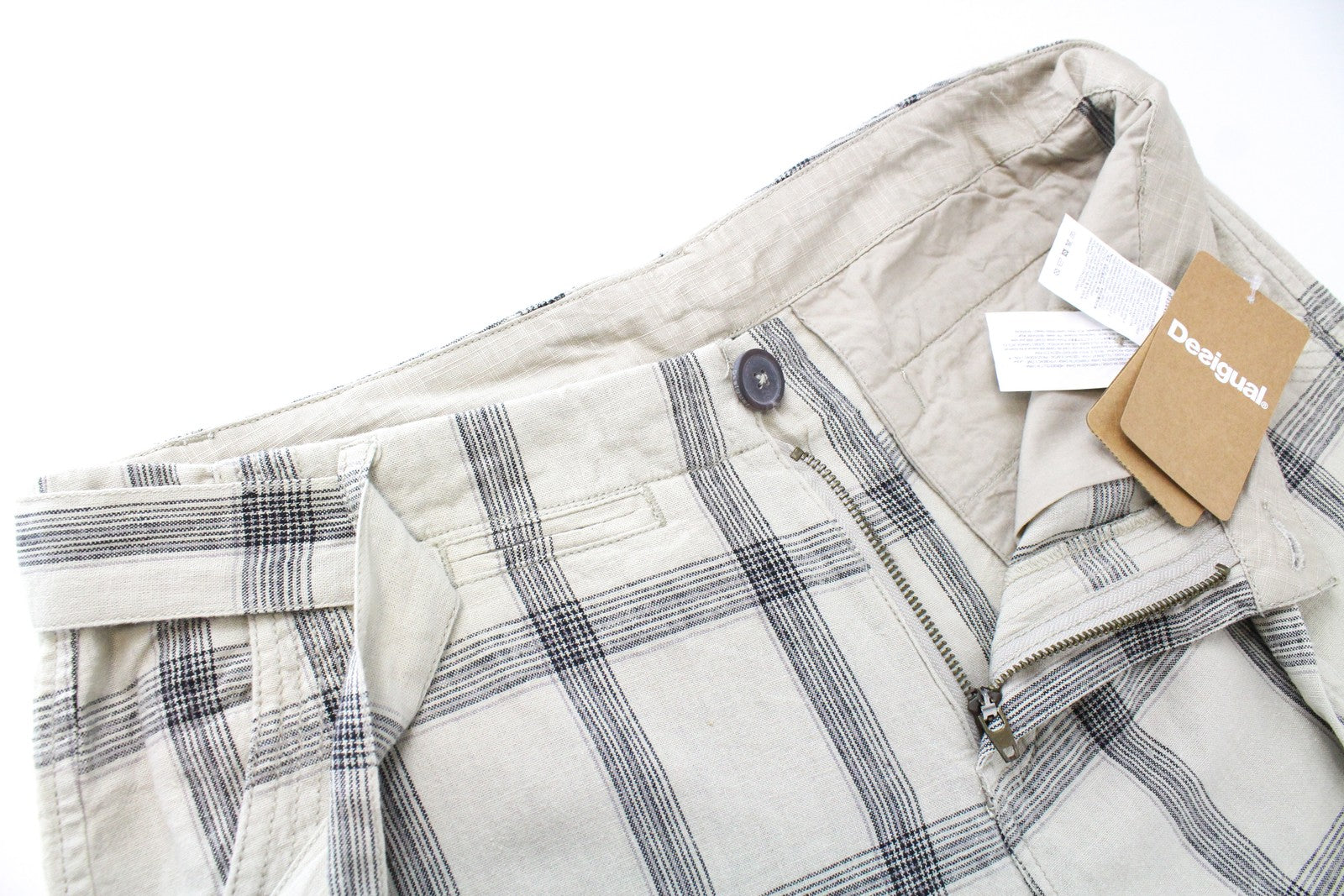 DESIGUAL Marc Men Shorts 32 Sand Brown Linen Cotton Checked Belted Logo Cargo