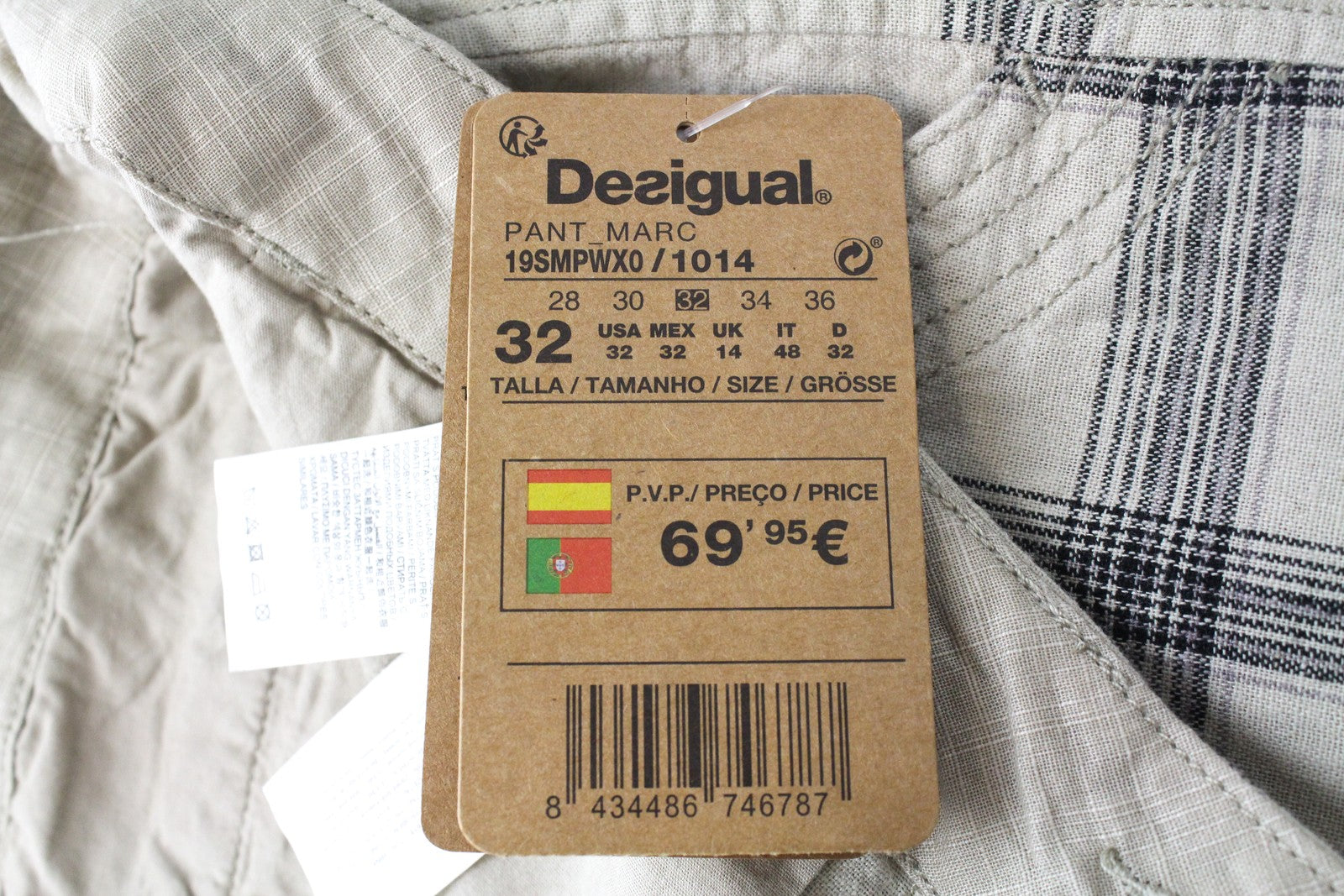DESIGUAL Marc Men Shorts 32 Sand Brown Linen Cotton Checked Belted Logo Cargo