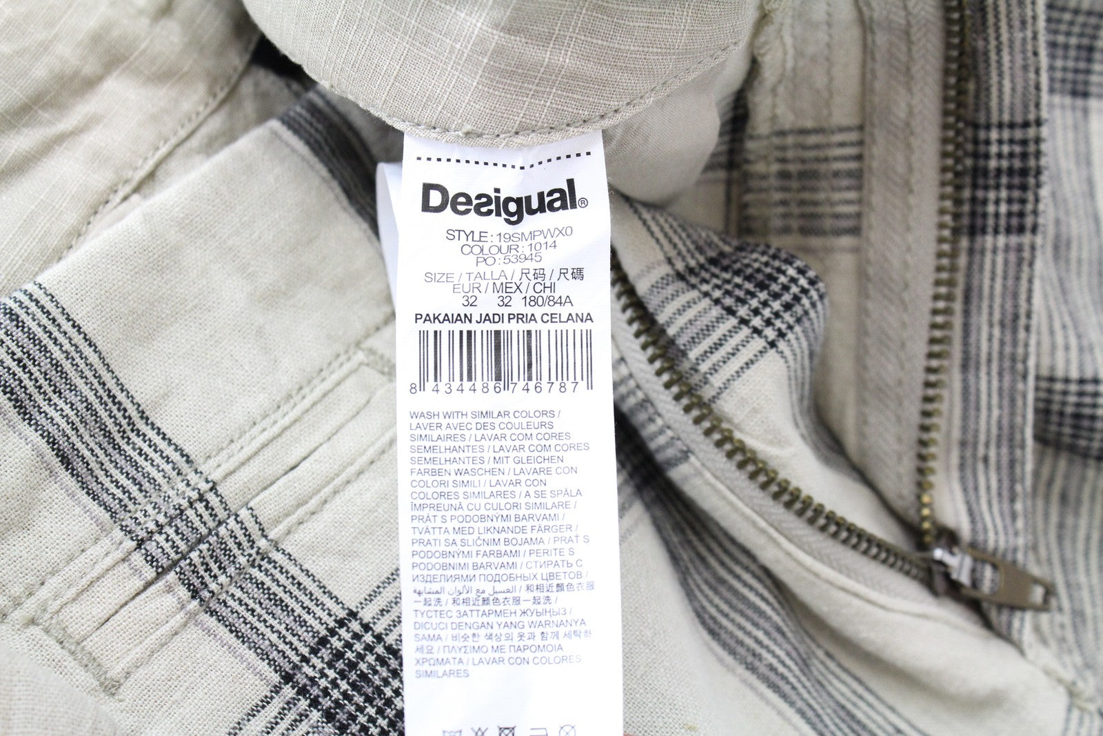 DESIGUAL Marc Men Shorts 32 Sand Brown Linen Cotton Checked Belted Logo Cargo
