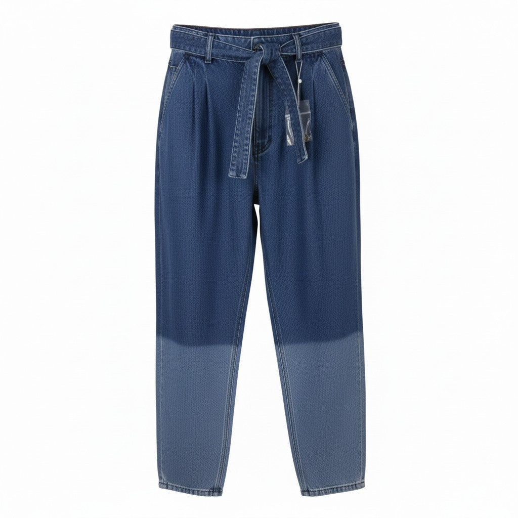 MAX&CO. Women Jeans W29 Blue Faded Pleated Belted Straight Loose Fit High Waist