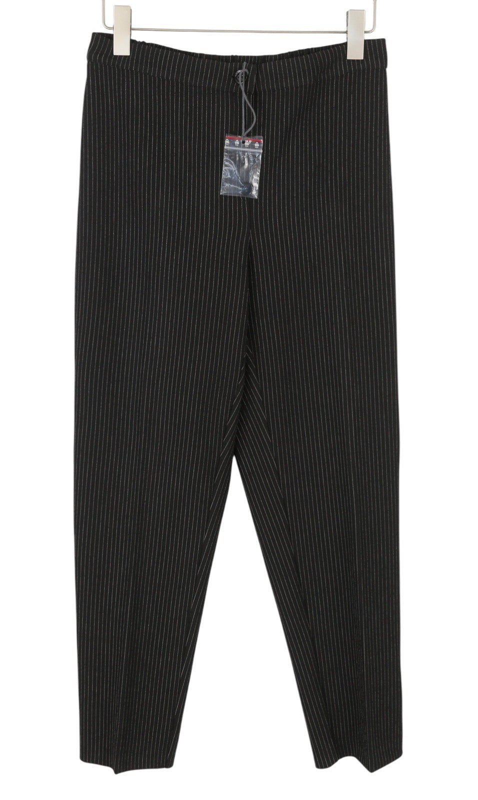 MARINA RINALDI Women Trousers L Black Pinstriped Elastic Waist Slim Fit
