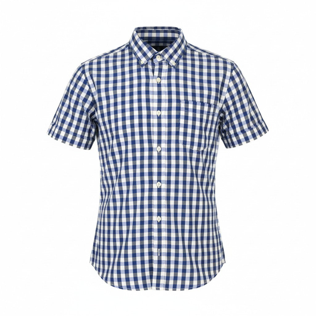 SCOTCH & SODA Men Shirt S Blue Checked Cutaway Neck Button-Up Short Sleeve