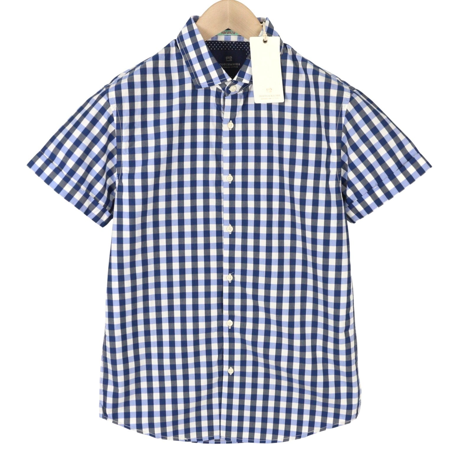SCOTCH & SODA Men Shirt S Blue Checked Cutaway Neck Button-Up Short Sleeve
