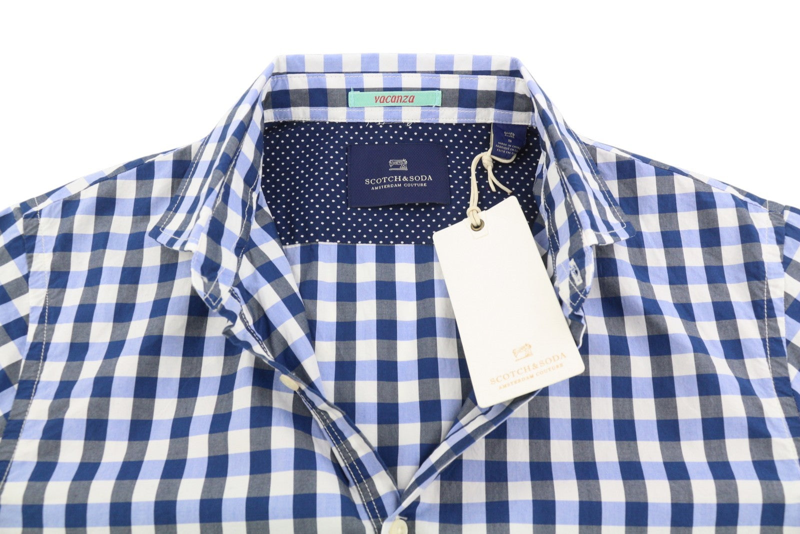 SCOTCH & SODA Men Shirt S Blue Checked Cutaway Neck Button-Up Short Sleeve