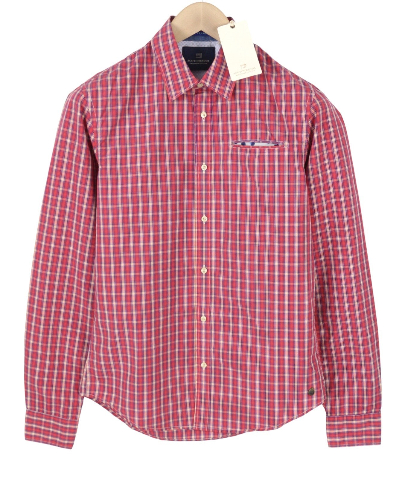 SCOTCH & SODA Men Shirt S Red Plaid Print Button-Up Spread Neck Casual