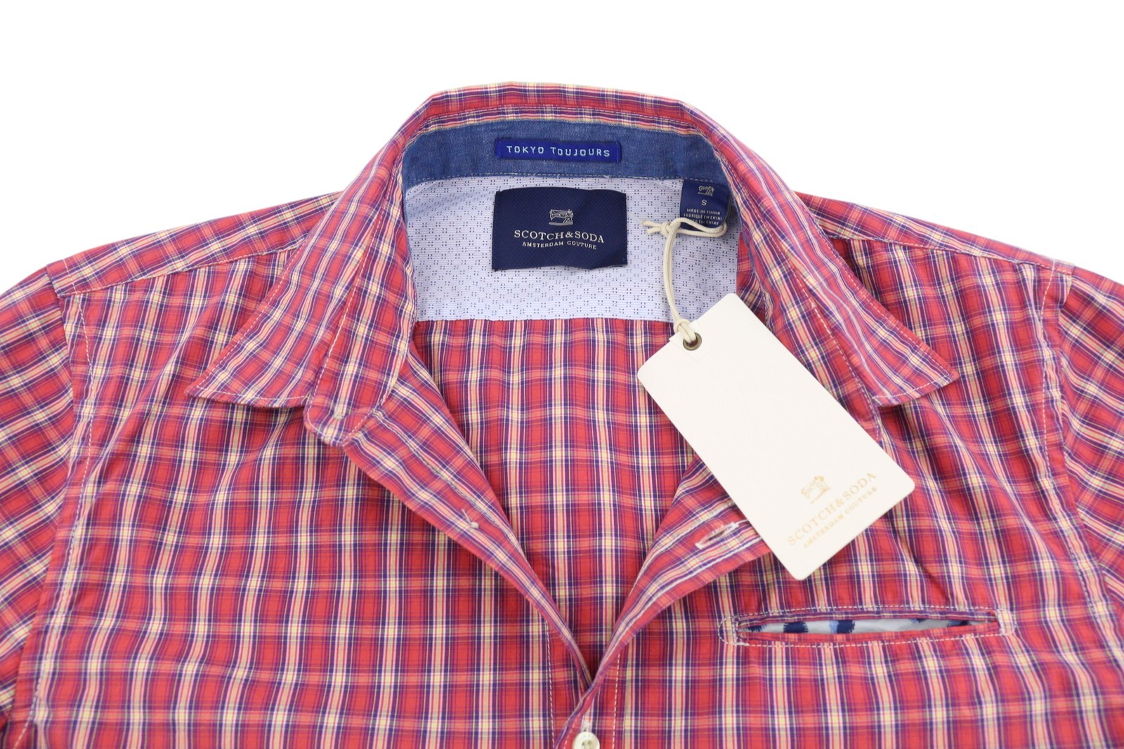 SCOTCH & SODA Men Shirt S Red Plaid Print Button-Up Spread Neck Casual