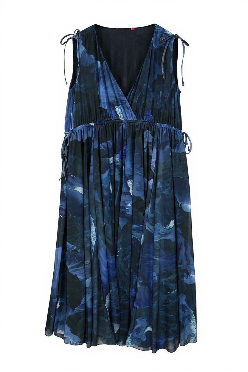 MAX&CO. Women Dress M Dark Blur Floral Print V-Neck Sleeveless Midi