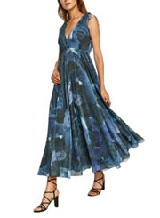 MAX&CO. Women Dress S Dark Blur Floral Print V-Neck Sleeveless Midi