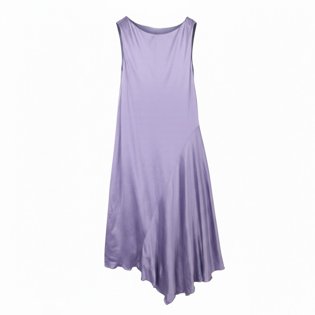 MAX MARA Women Dress XS Purple Satin Look Asymmetrical Sleeveless Midi