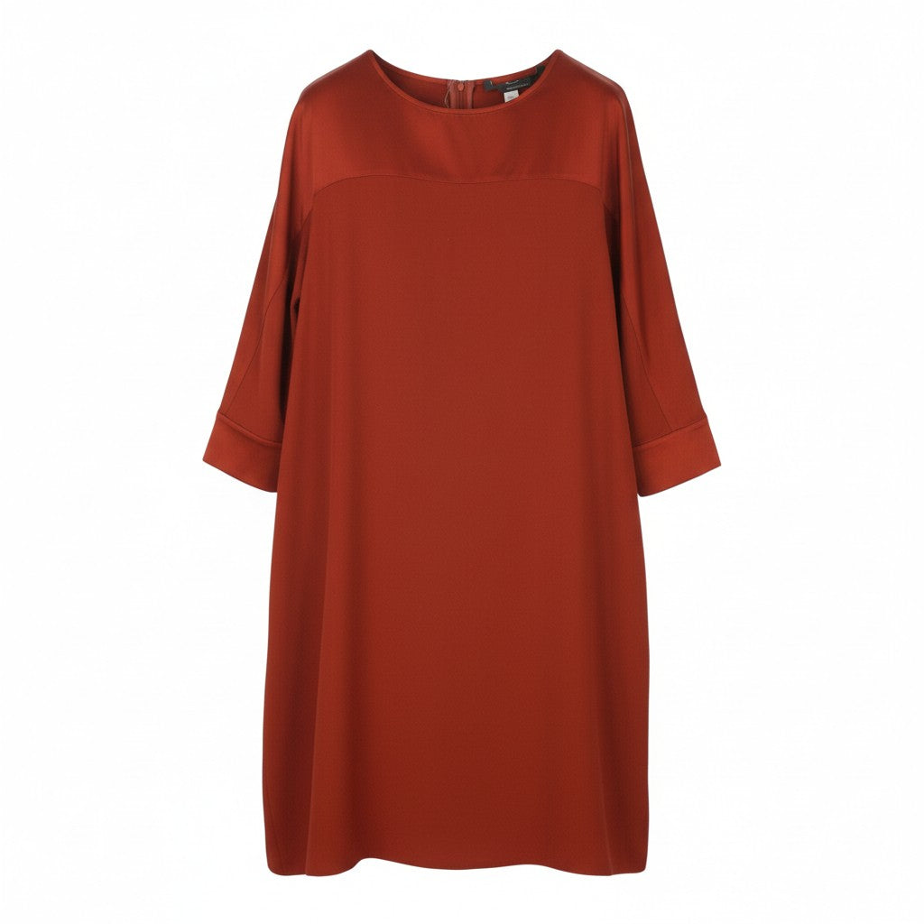 MARINA RINALDI Women Dress EU54 Brick Red Round Neck 3/4 Sleeves Knee-Length