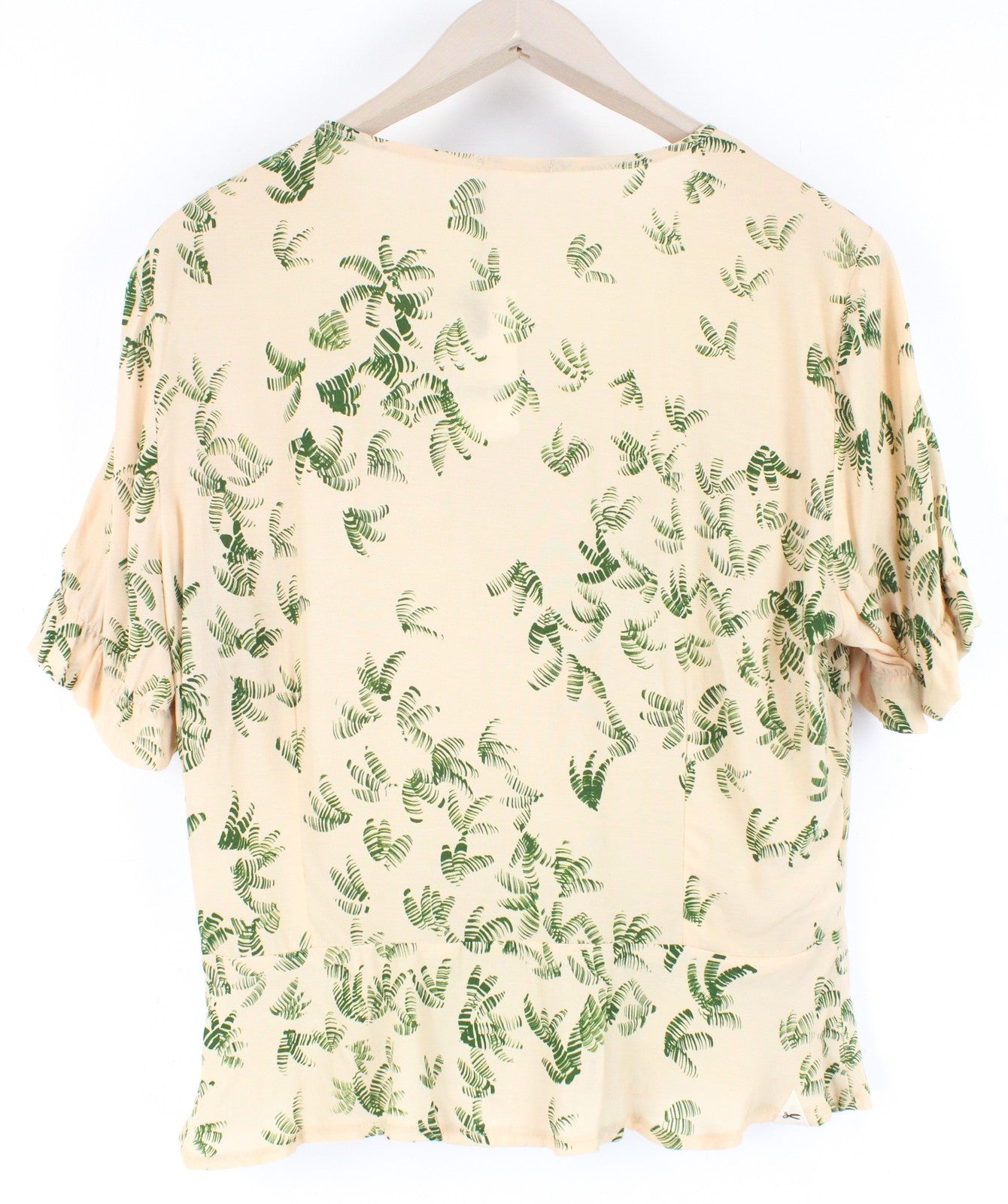 DENHAM Thelma Women T-Shirt L Beige Palm Pattern Short Sleeve V-Neck Lightweight