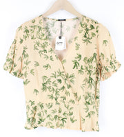 DENHAM Thelma Women T-Shirt XS Beige Palm Pattern Short Sleeved V-Neck