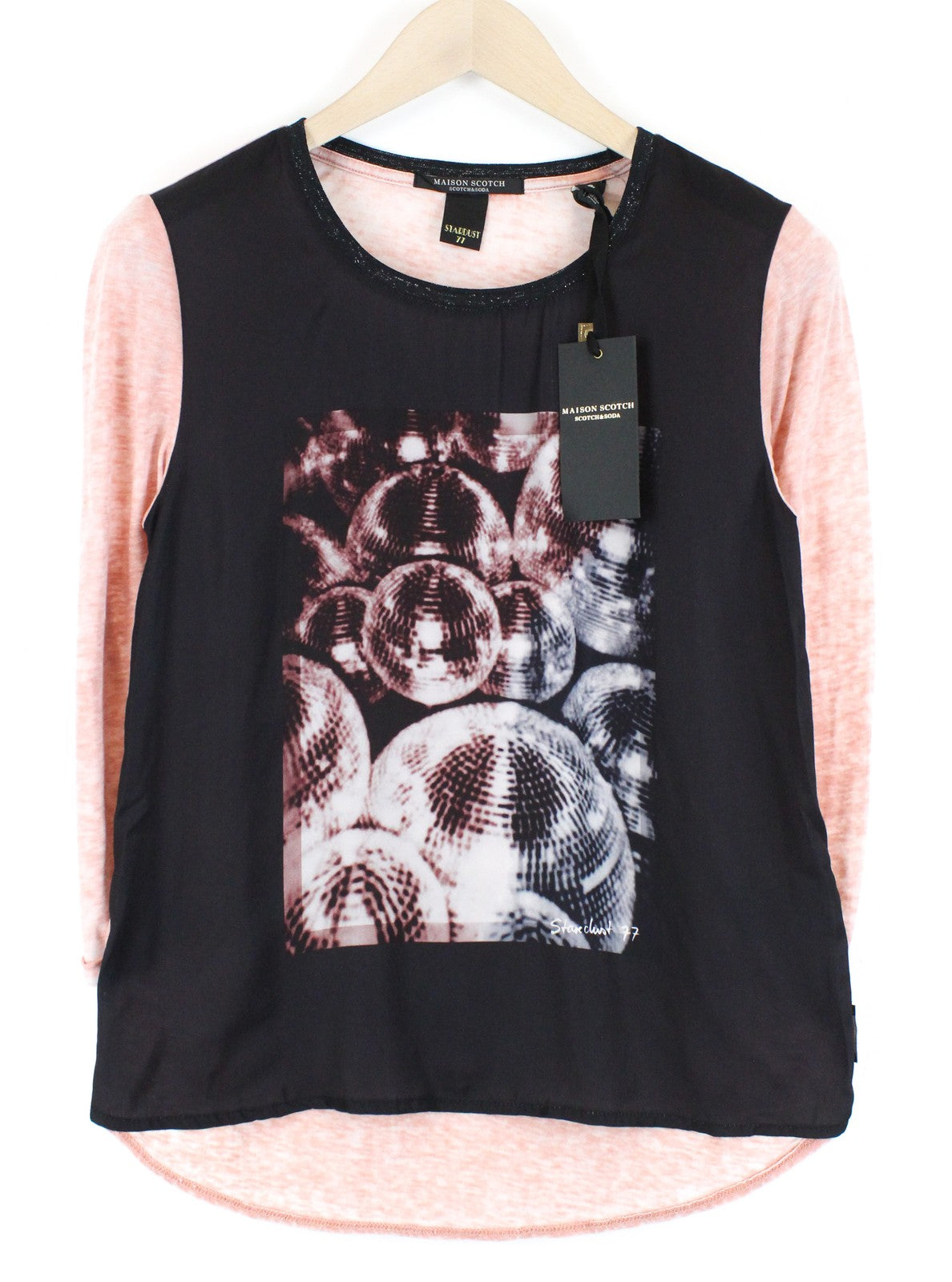 MAISON SCOTCH Women T-Shirt S Pink Cotton Blend Disco Print Lightweight