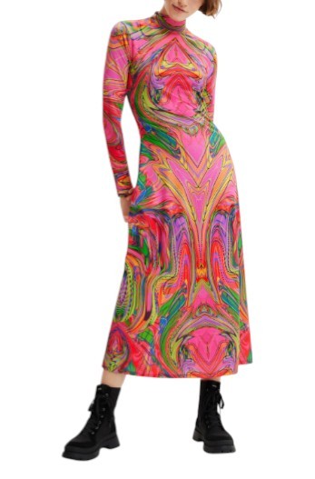 DESIGUAL Heather Women Dress XS Multicolored Digital Print Long Sleeve Midi