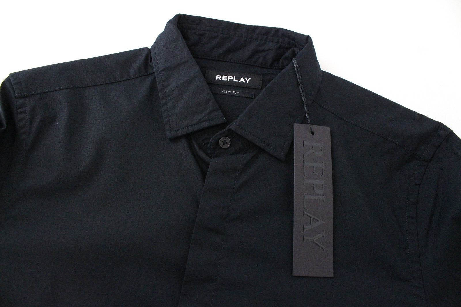 REPLAY Men Shirt S Black Slim Fit Cotton Stretch Long Sleeved Collared Button-Up