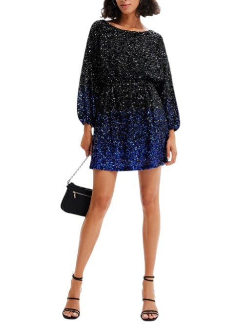 DESIGUAL Saturno Women Dress S Black Shiny Glitter Sequins A-Line Mini