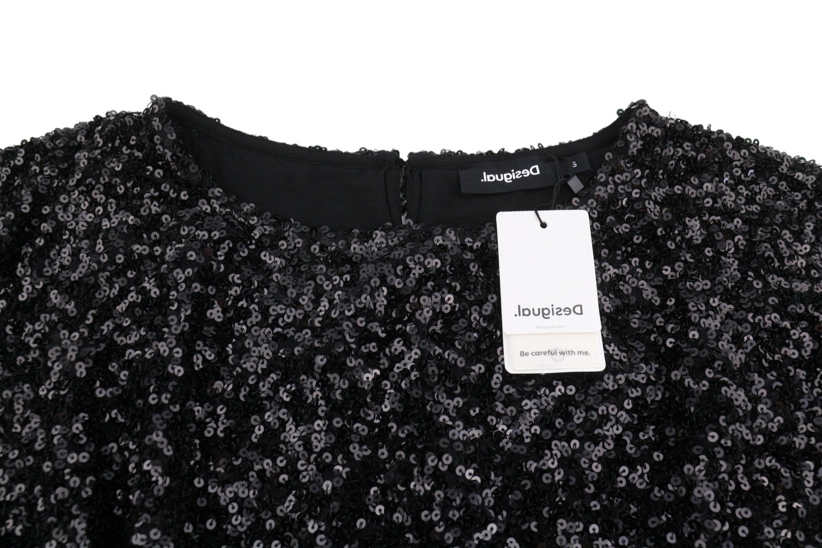 DESIGUAL Saturno Women Dress S Black Shiny Glitter Sequins A-Line Mini