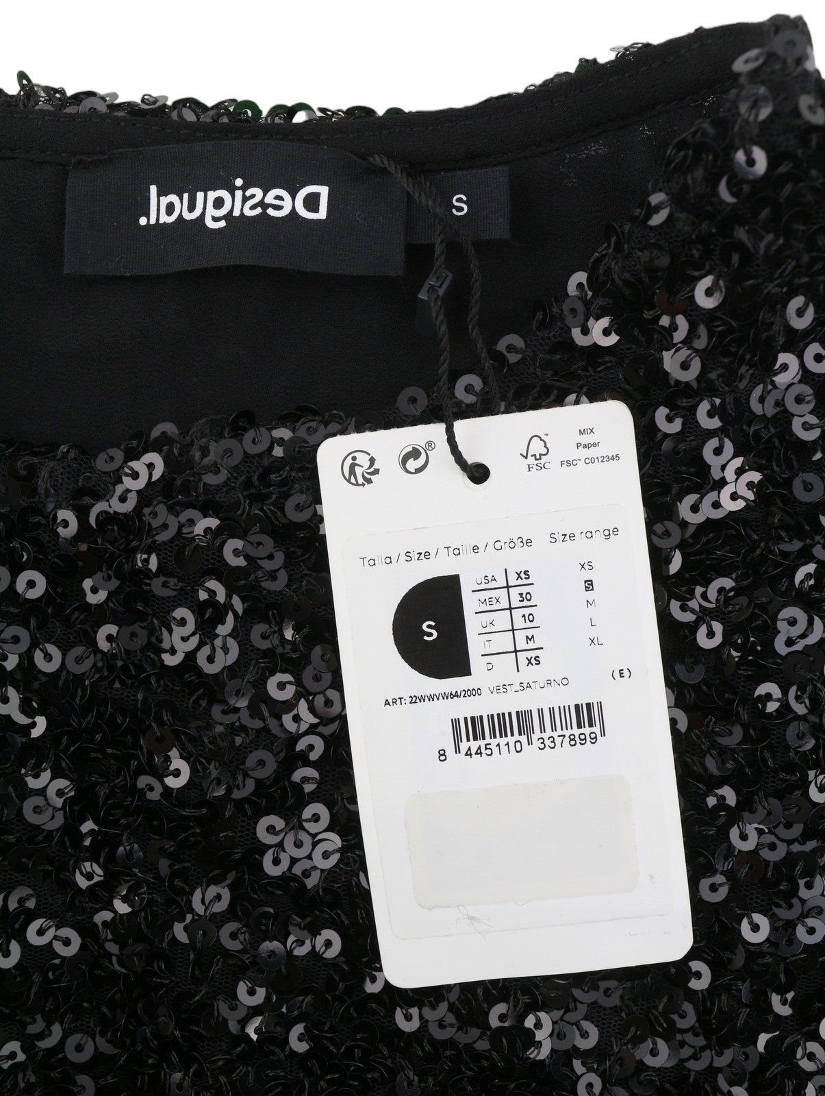 DESIGUAL Saturno Women Dress S Black Shiny Glitter Sequins A-Line Mini