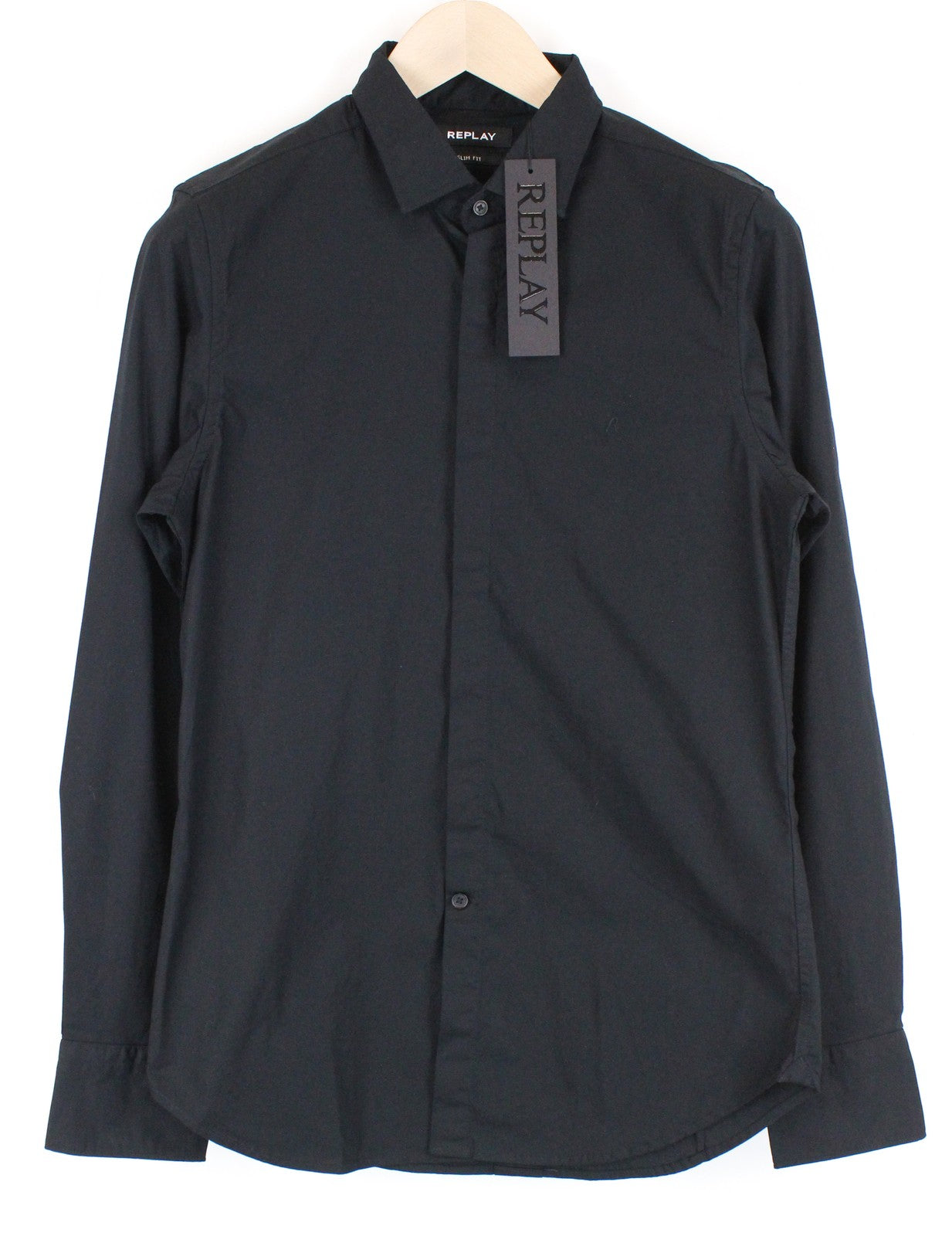 REPLAY Men Shirt S Black Slim Fit Cotton Stretch Long Sleeve Collared Button-Up