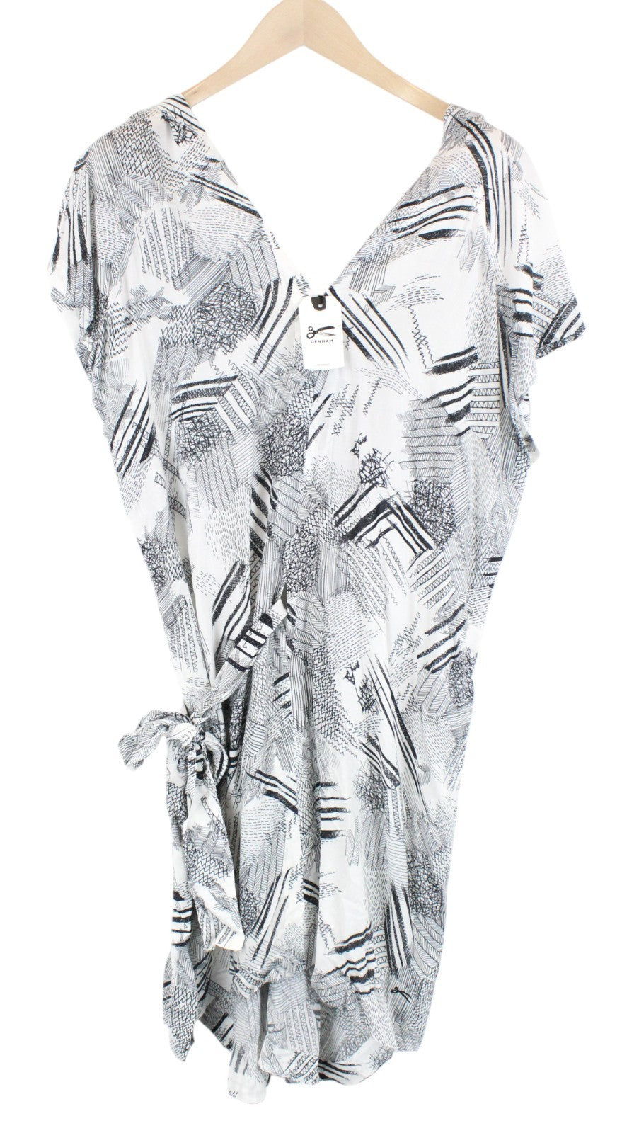 DENHAM Women Dress L White Patterned Layered 2in1 Summer Lightweight Belted