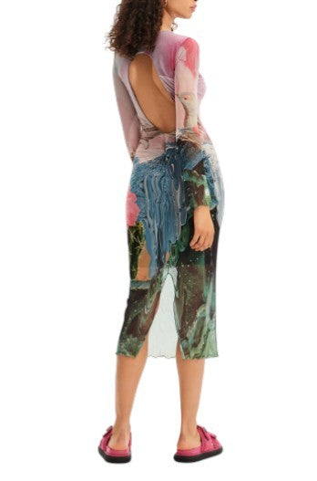 DESIGUAL Skyline Women Dress XL Colourful Wide Cut-Out Back Tulle Midi