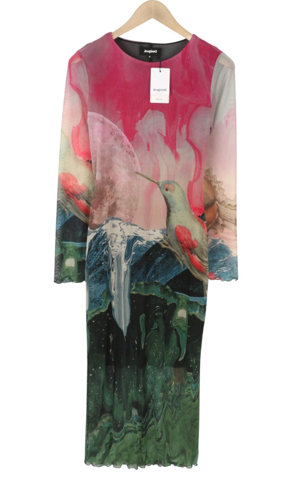 DESIGUAL Skyline Women Dress XL Colourful Wide Cut-Out Back Tulle Midi