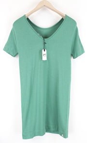 DENHAM Compass Women Dress 2XS Green Stretch Short Sleeved Round Neck Summer