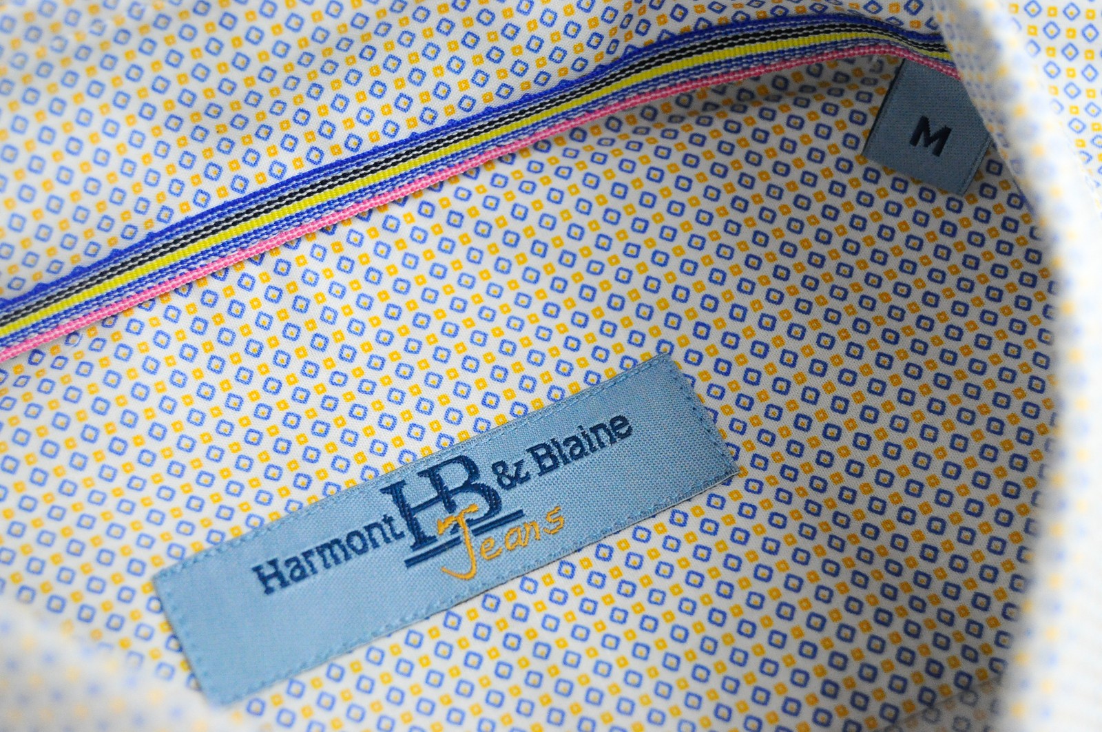 HARMONT & BLAINE Men Shirt M White Blue Yellow Pattern Pure Cotton Long Sleeve